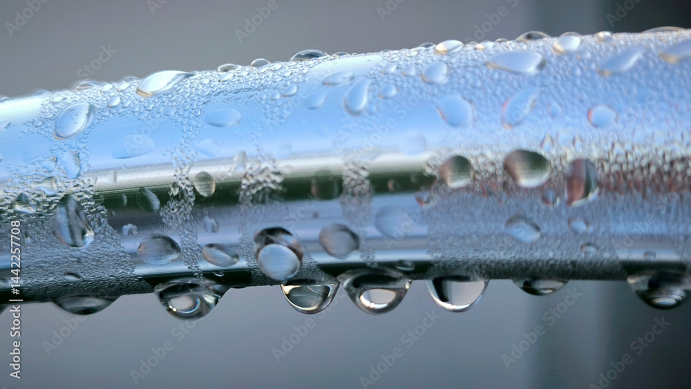 water drops om metal surface close up