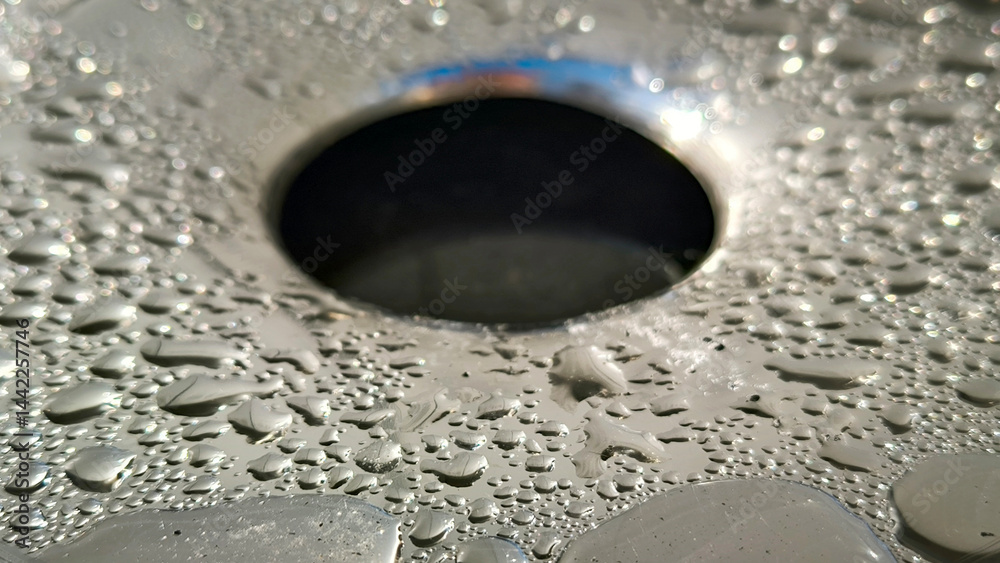 water drops om metal surface close up