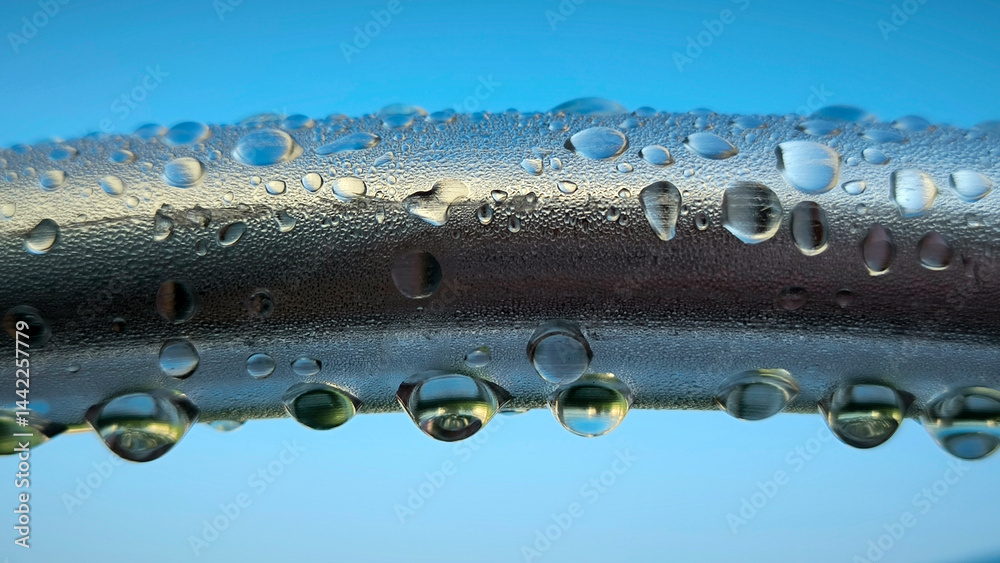 water drops om metal surface close up