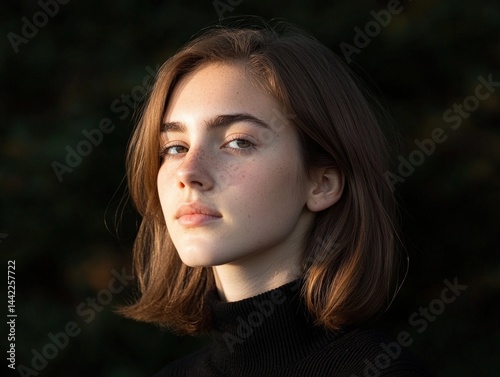 Woman with freckles looking at viewer