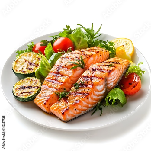 Grilled Salmon with Vegetables isolated on white background
