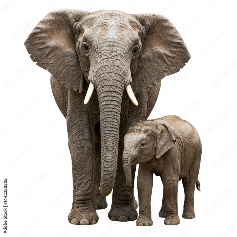 Obraz premium Majestic African elephant and calf powerful bond dark background stunning detail intense gaze