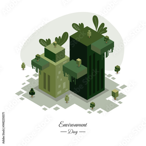 Sustainable cityscape image with modern green energy concept in isometric style
