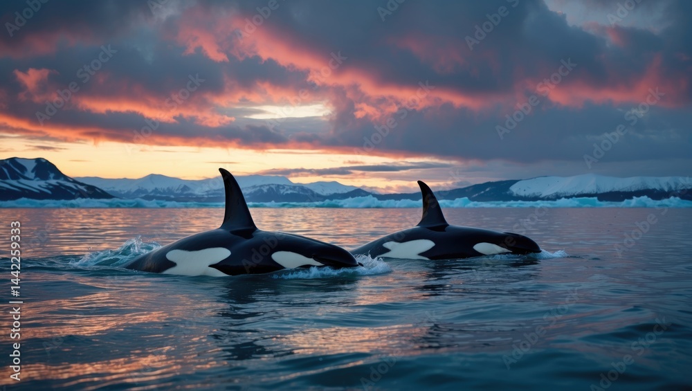 Naklejka premium Sunset scene with an orca traversing the water