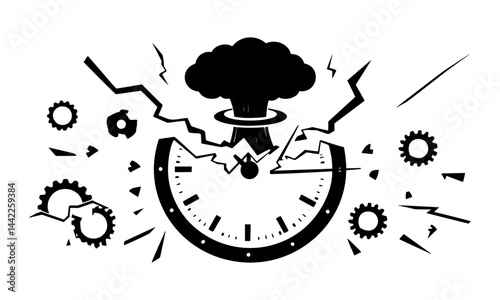 Doomsday Clock explosion with nuclear mushroom cloud, shrapnel fragments, gears around