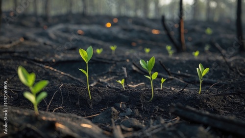 Vibrant green shoots appear from singed ground, symbolizing nature's perseverance and regeneration after a blaze.