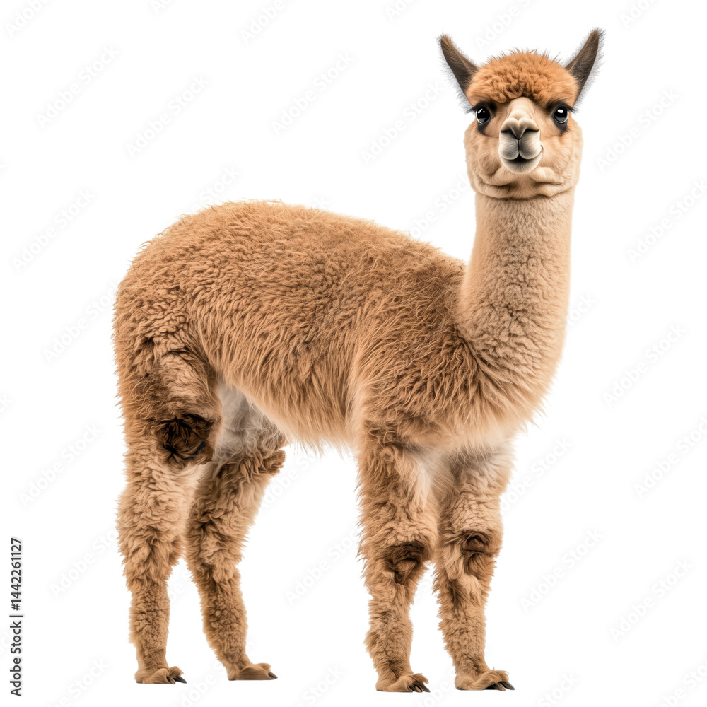Obraz premium Side view of a fluffy brown alpaca standing, looking forward, cut out, isolated on a transparent background, no shadow.