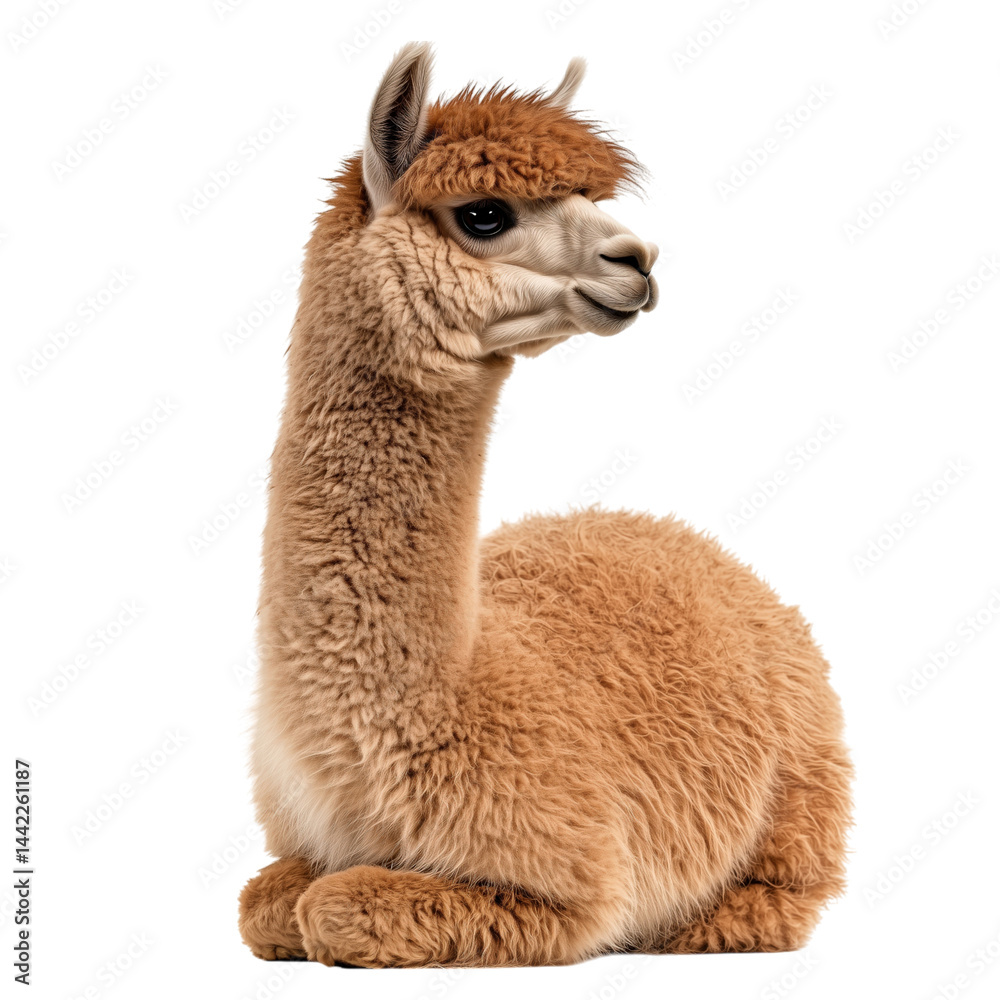 Fototapeta premium Side view of a fluffy brown alpaca sitting on the ground, looking forward, cut out, isolated on a transparent background, no shadow