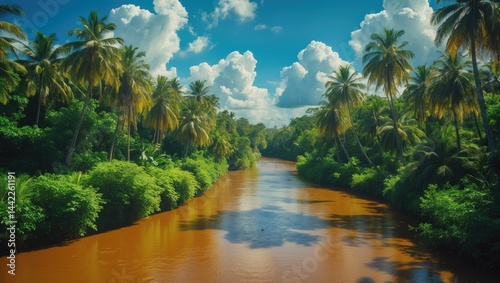 A river snakes through a palm thicket, its clear blue waters shining under the sun. The tall, slender trees create dappled light on the ground, and the air is filled with birdsong. photo