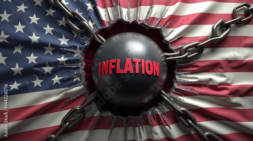 Inflation and USA America, 3d illustration, Inflation wrecking the country economic toll on the U.S., captured through a wrecking ball labeled 