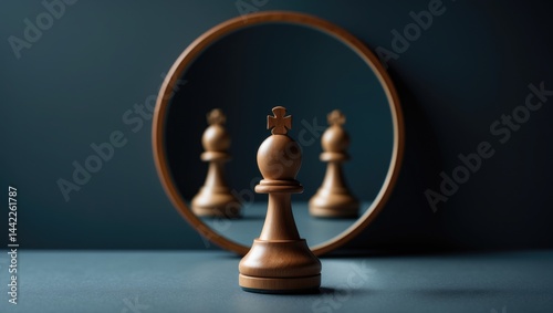 Pawn imagining itself as a queen, chess piece in the mirror's reflection. Self-reflection, alter ego, authentic personality themes