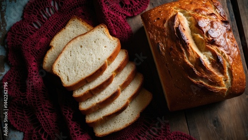 Homemade artisanal bread arranged on a wooden table covered with a red crochet cloth