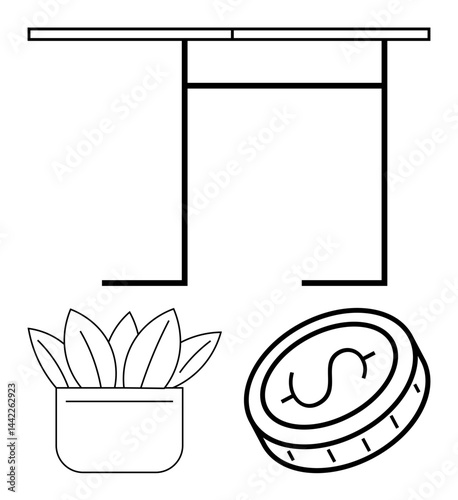 Modern desk design with slim lines complemented by a potted plant and a stylized dollar coin. Ideal for minimalism, workspace d cor, productivity, money management, simplicity, modern aesthetics