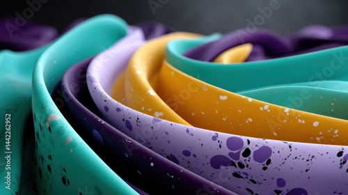 Close-up of colorful silicone rubber tubing with splashes of paint, textured abstract background