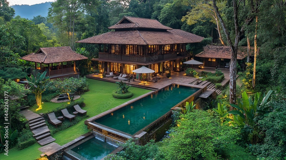 Naklejka premium Relaxing retreat amidst lush greenery luxury villa tropical paradise evening serenity aerial view tranquil escape