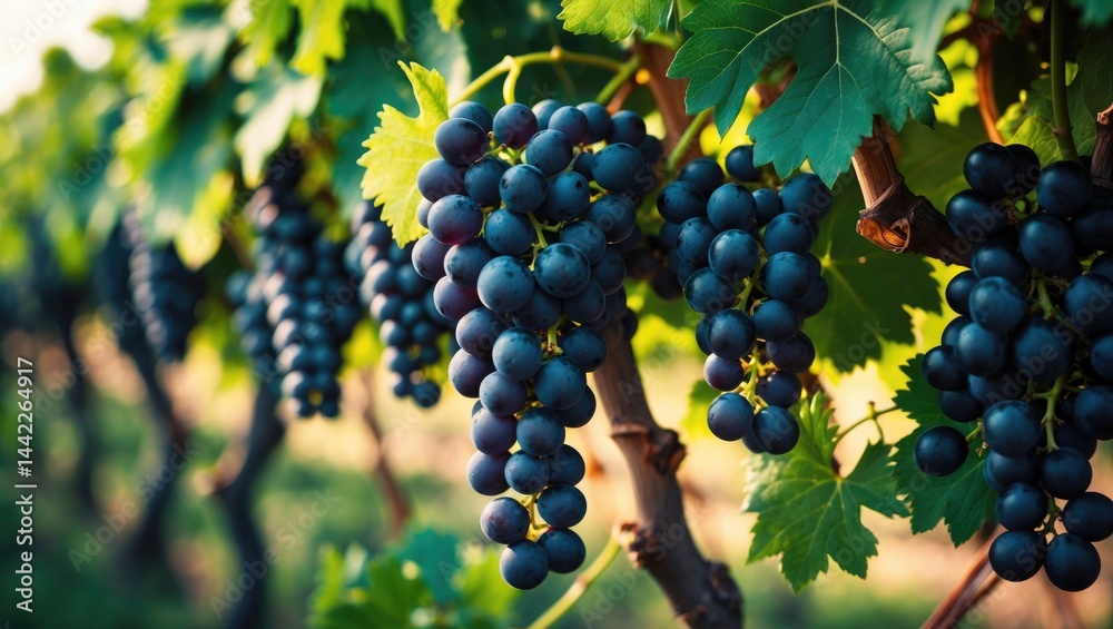 Fototapeta premium Vibrant grapes hanging from a healthy, green vine ready for harvest