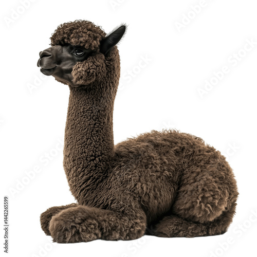 Side view of a full-body dark brown alpaca standing upright with fluffy fur, cut out, isolated on a transparent background, no shadow.