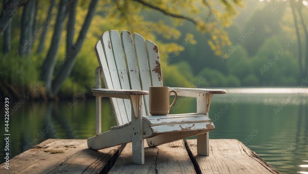 Fototapeta premium A mug of coffee on a white chair on a wooden dock close to the water