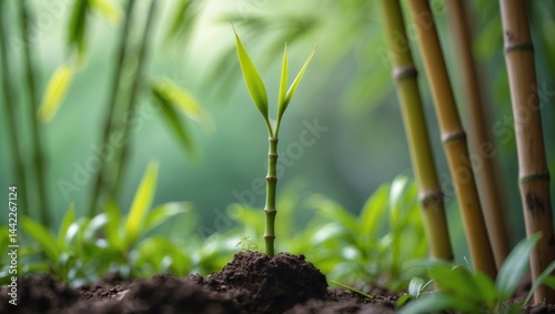 Emerging bamboo shoot from the soil amidst the undergrowth