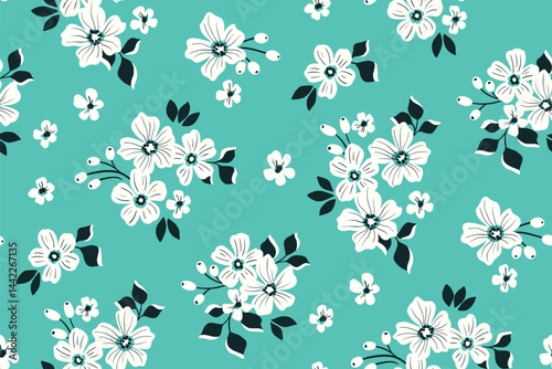 Seamless floral pattern, liberty ditsy print with simple plants in folk motif. Cute botanical design of small hand drawn white flowers, tiny leaves, pretty decorative bouquets. Vector illustration.