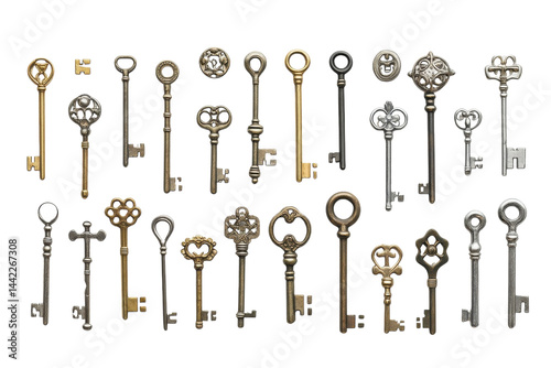 Antique Keys Collection A Vintage Key Showcase Arranged on White Background with Soft Lighting