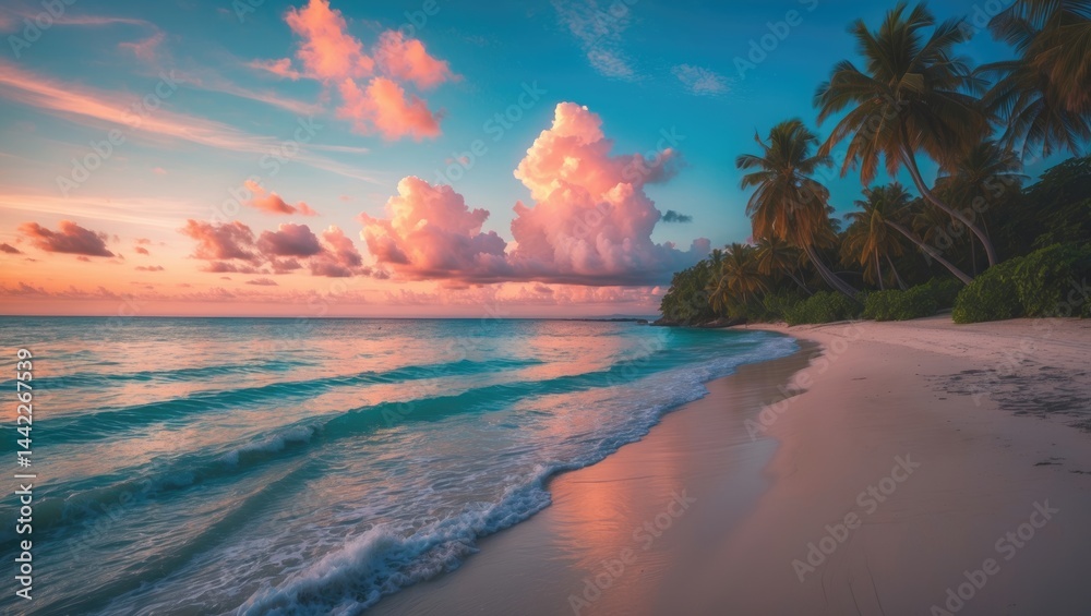 Obraz premium Idyllic seaside beach scene with tranquil sky, sandy shores, sunset glow, and lush coconut trees creating a romantic vacation spot