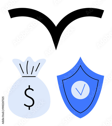 Black arc, blue shield with checkmark, and pale blue money bag with dollar sign. Ideal for finance, protection, economy, savings, investment, security simple landing page