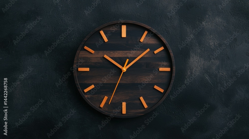 custom made wallpaper toronto digitalA wooden clock with orange hands and numbers on a dark background.