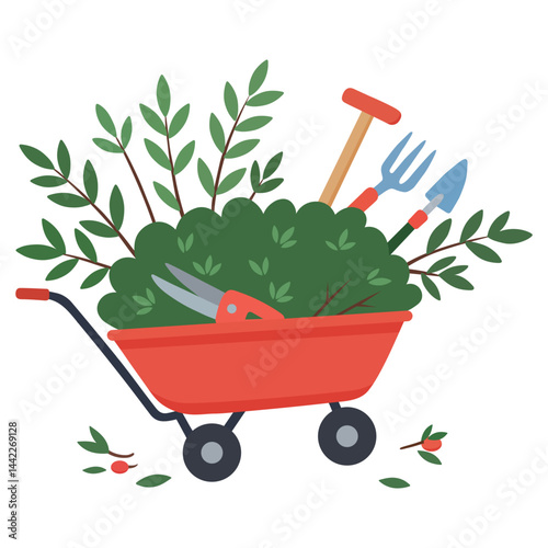 Garden tools and pruned branches in a wheelbarrow