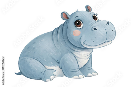 Adorable Watercolor Hippopotamus Illustration Sitting Isolated on Black Background for Kids