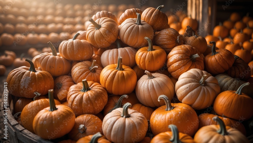 A macro view of a box brimming with small, orange pumpkins. A macro view of a box brimming with small, orange pumpkins.