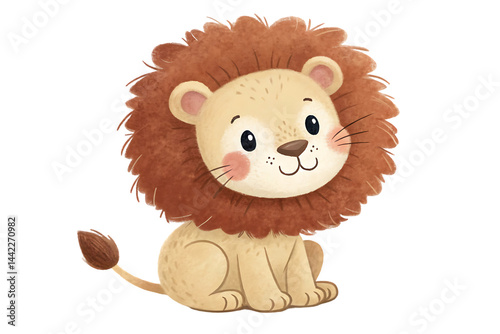 Watercolor Illustration of a Cute Lion Cub Sitting, Isolated on Black Background