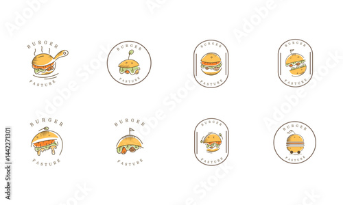 Tasty burger and food badge vector set with logo design for fast food branding