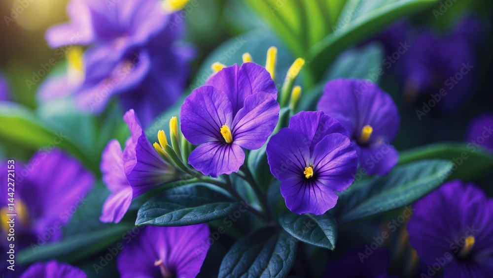 A macro shot of a lively purple flower with fragile petals and striking yellow stamens. A macro shot of a lively purple flower with fragile petals and striking yellow stamens.