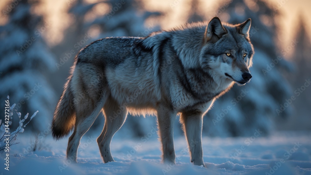 Fototapeta premium Controlled environment image of an adult Gray Wolf in winter, large canine mammal at dawn, hunting as an apex predator in the snow
