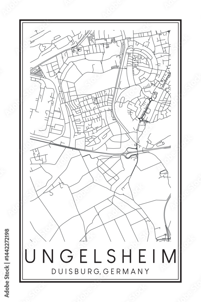 Fototapeta premium Hand drawn printable downtown road map poster of borough UNGELSHEIM of the German city of DUISBURG on solid white background with city name