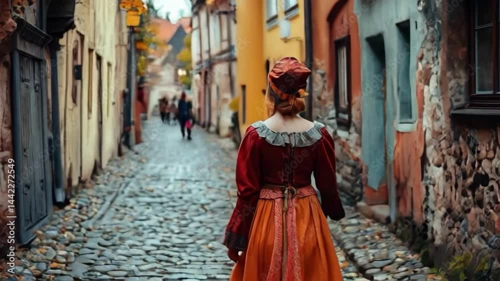 A woman in a red dress walks down a cobblestone street. The street is lined with buildings, and there are several other people walking around. The scene has a vintage feel, and the woman's dress