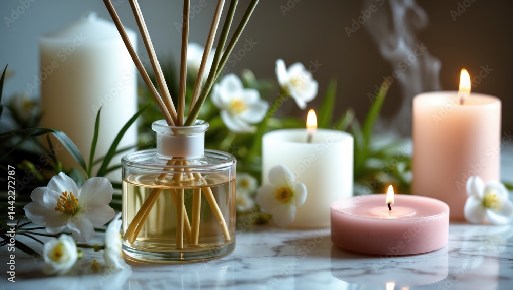 Aromatic design incorporating diffuser, flowers, and candlelight Aromatic design incorporating diffuser, flowers, and candlelight