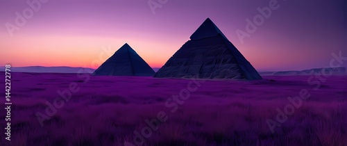 Eerie alien pyramids softly glowing amidst violet alien grasslands beneath twin suns setting at twilight