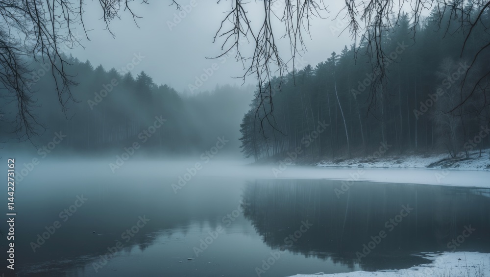 Obraz premium A peaceful winter tableau showcasing an icy lake and a snow-blanketed forest, accompanied by overhanging branches.