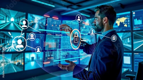 Security terminal, access control, network monitoring. Data encryption. Cameras capture unauthorized entry. Servers ensure stable connections. Encryption boosts data safety.