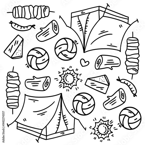 Hand drawn camping gear like tent bonfire and backpack in fun doodle style