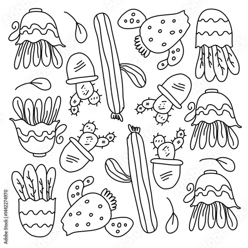 cactus bundle set with doodle line style