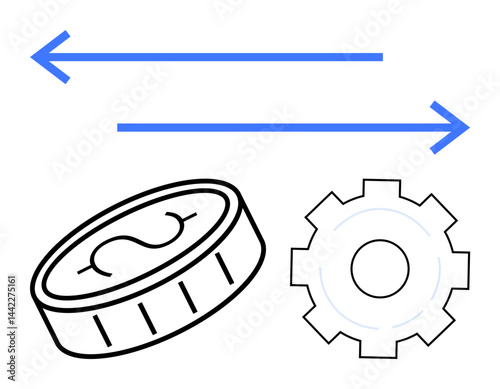 Coin and gear illustrating financial transactions or service exchange with bi-directional arrows. Ideal for business, finance, technology, economy, transaction, automation, simple landing page
