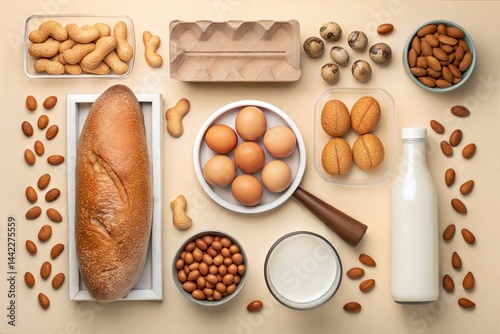 Fresh Ingredients for Breakfast Featuring Bread Eggs Milk and Almonds photo