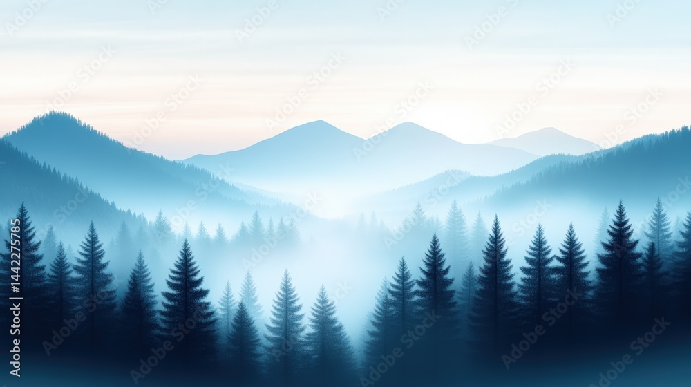 Obraz premium Misty blue mountain forest landscape