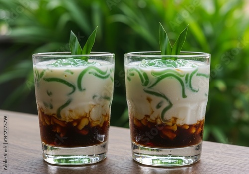 Es Cendol — a traditional iced dessert drink with green rice flour jelly, coconut milk, and palm sugar syrup photo