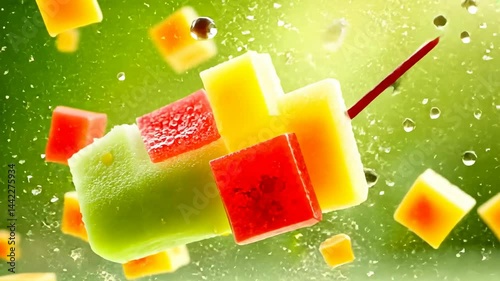Popsicle, frozen treat, summer delight. Refreshing snack. Fruit chunks enhance popsicle flavor. Cooling relief on sweltering days. Hydration maintains energy levels.