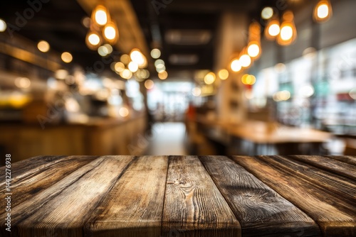 Aged wooden table surface and out-of-focus cafe or coffee shop interior with a vintage filter - suitable for showcasing or compositing your products