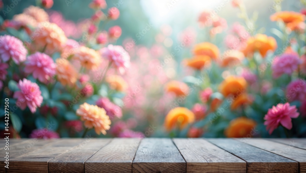 Empty wooden table with blurred flowers on top. Empty wooden table with blurred flowers on top.
